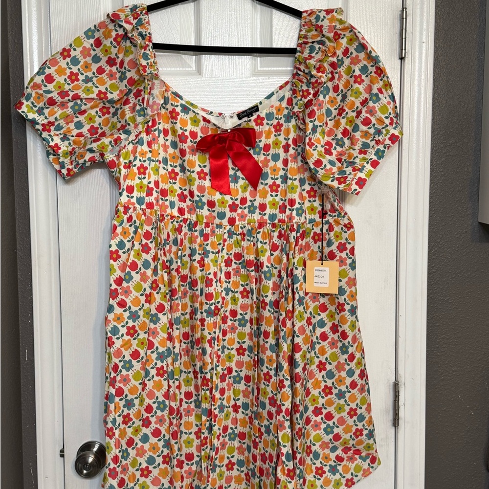 NWT Smak Parlour- Floral Midi Dress with Red Bow, 4XL/22-24